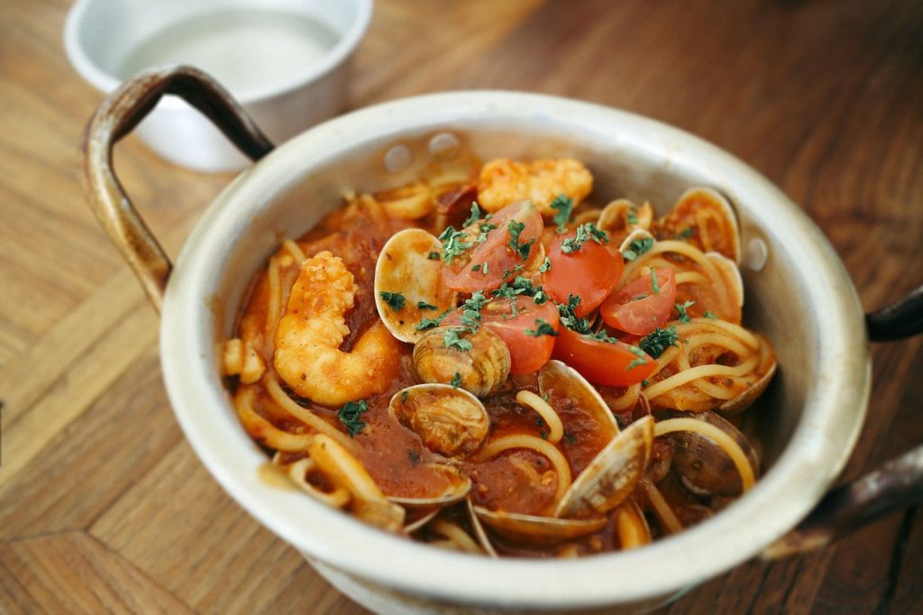 Seafood pasta dish outside of Monreale cathedral