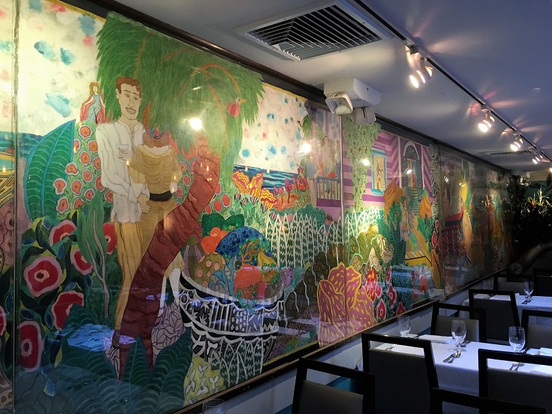 The colorful mural at Victors Cafe serving Cuban cuisine. Cuban restaurants in New York City