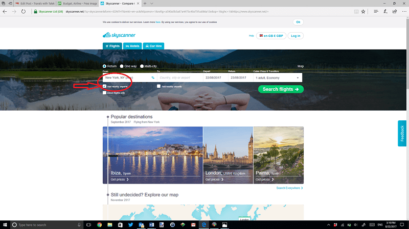 Skyscanner site shows different airports for cheap flight deals