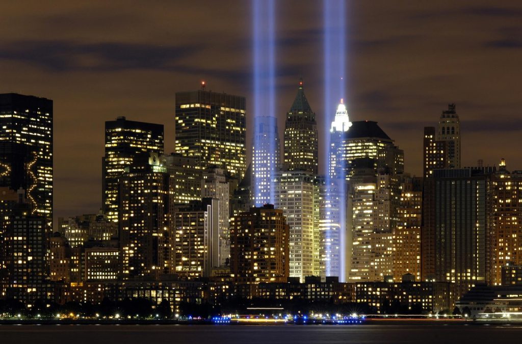 Twin Tower beams at night