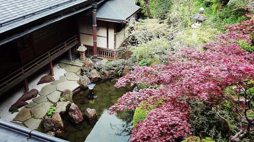 Gardens and koi pond at a Japanese temple stay