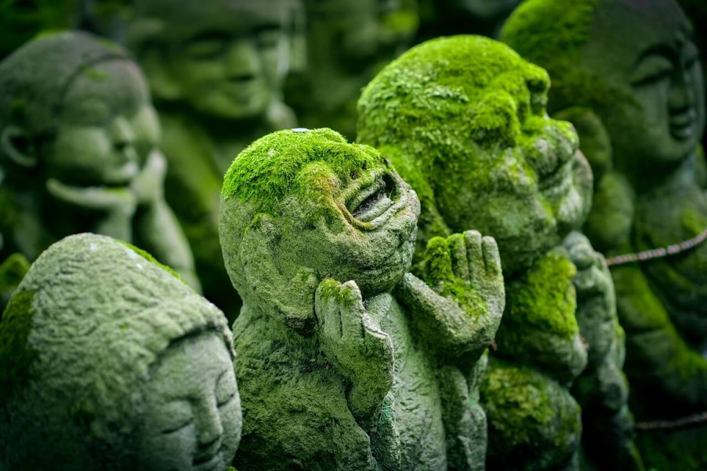 Moss covered statues in Japan