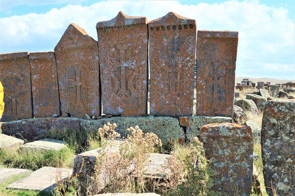 four khachkars in Noratus cemetery, Armenia