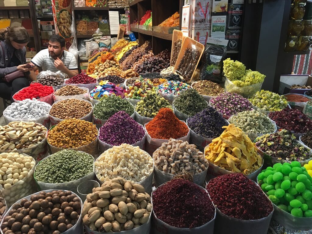 Dry fruits in Yasil Bazaar in Baku, Azerbaijan. Places to visit in Baku