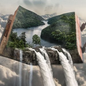 A styalized book with a waterfall in it. A travel book to read when yu can't travel