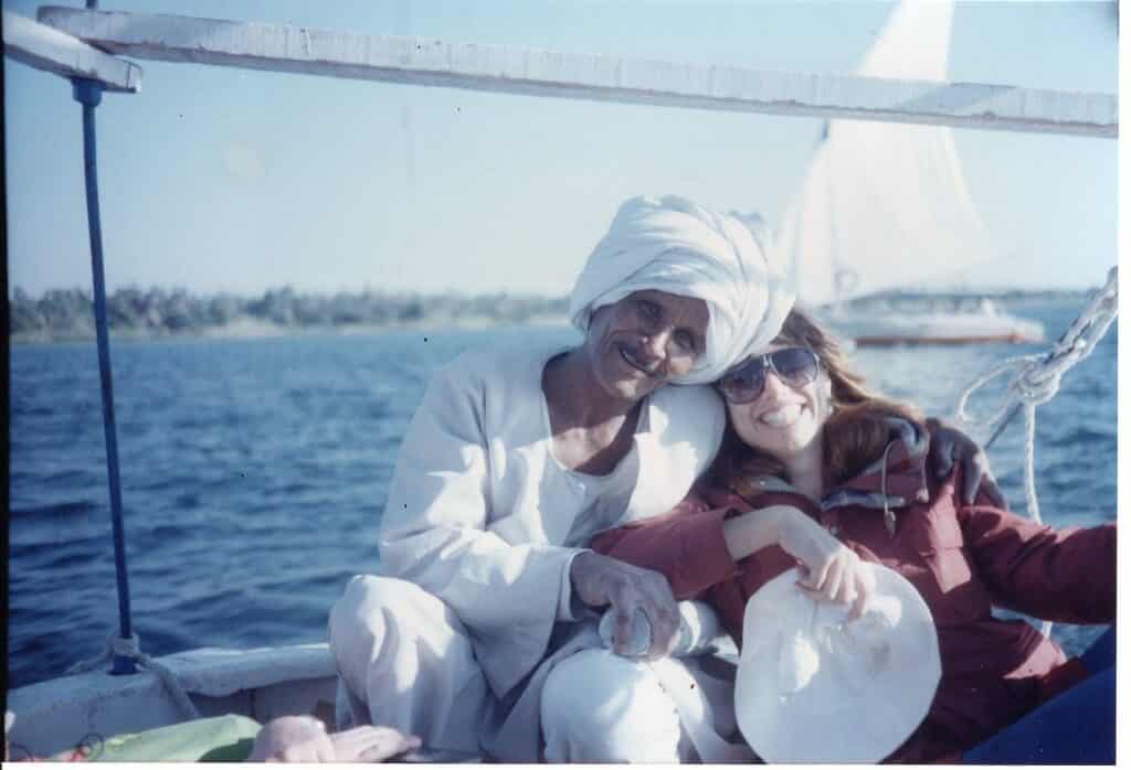 Journal writer, Ann Hamer with Egyptian friend on a boat