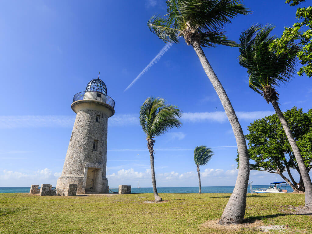 Lighthouse and palm trees on Biscayne Bay near Miami.