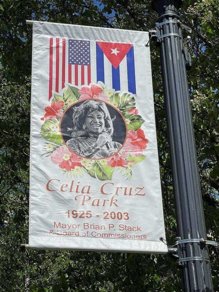 Banner at the Celia Cruz Park in Union City, New Jersey. 