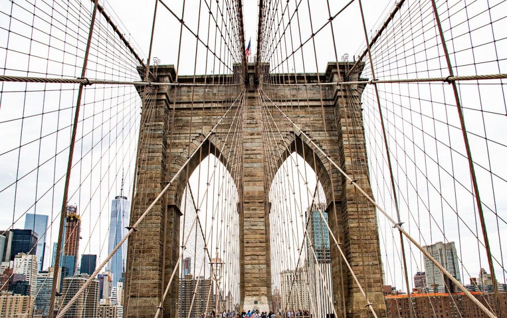 A portion of the Brooklyn Bridge in the Financial District, one of the best places to stay in New York City