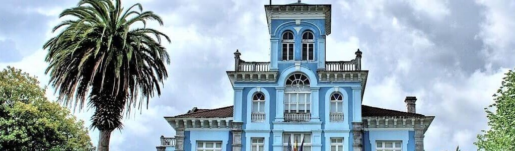 A blue house and a palm tree