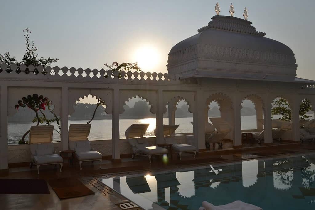 sunset at a luxury India hotel