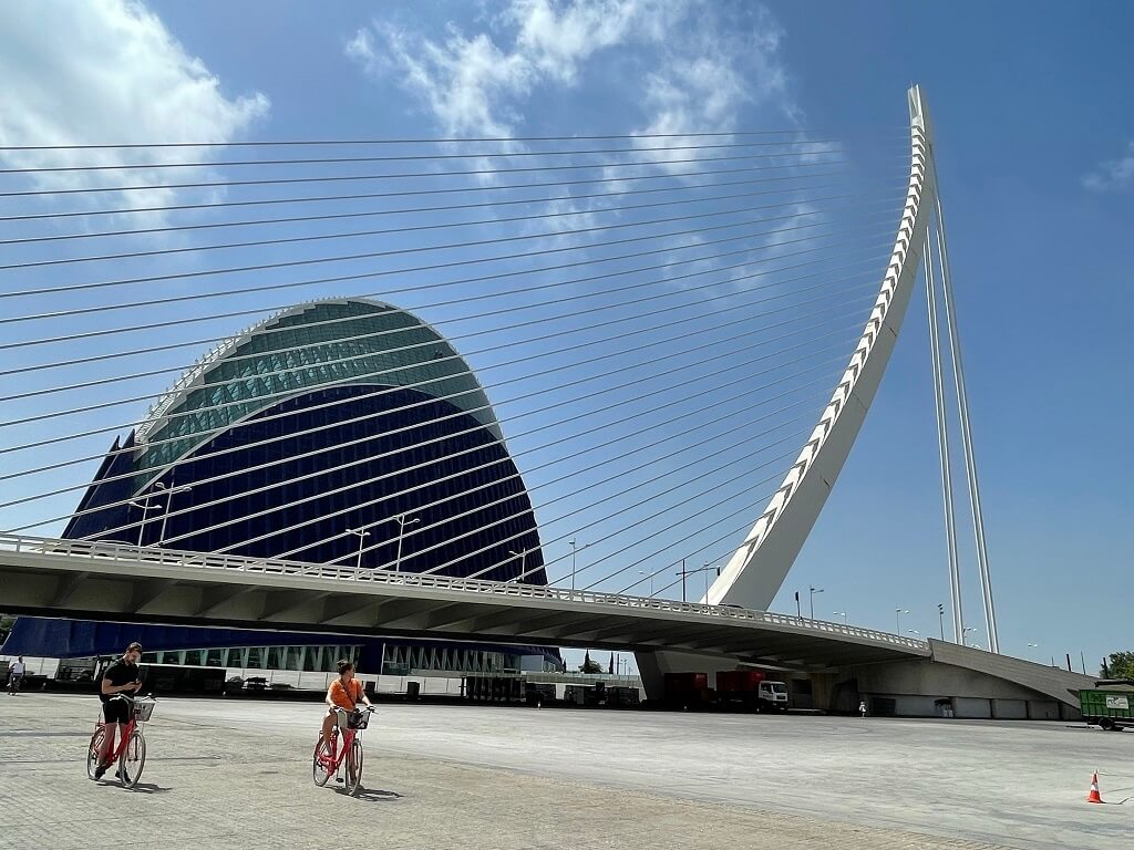 Bikers in Valencia's City of Arts and Sciences
