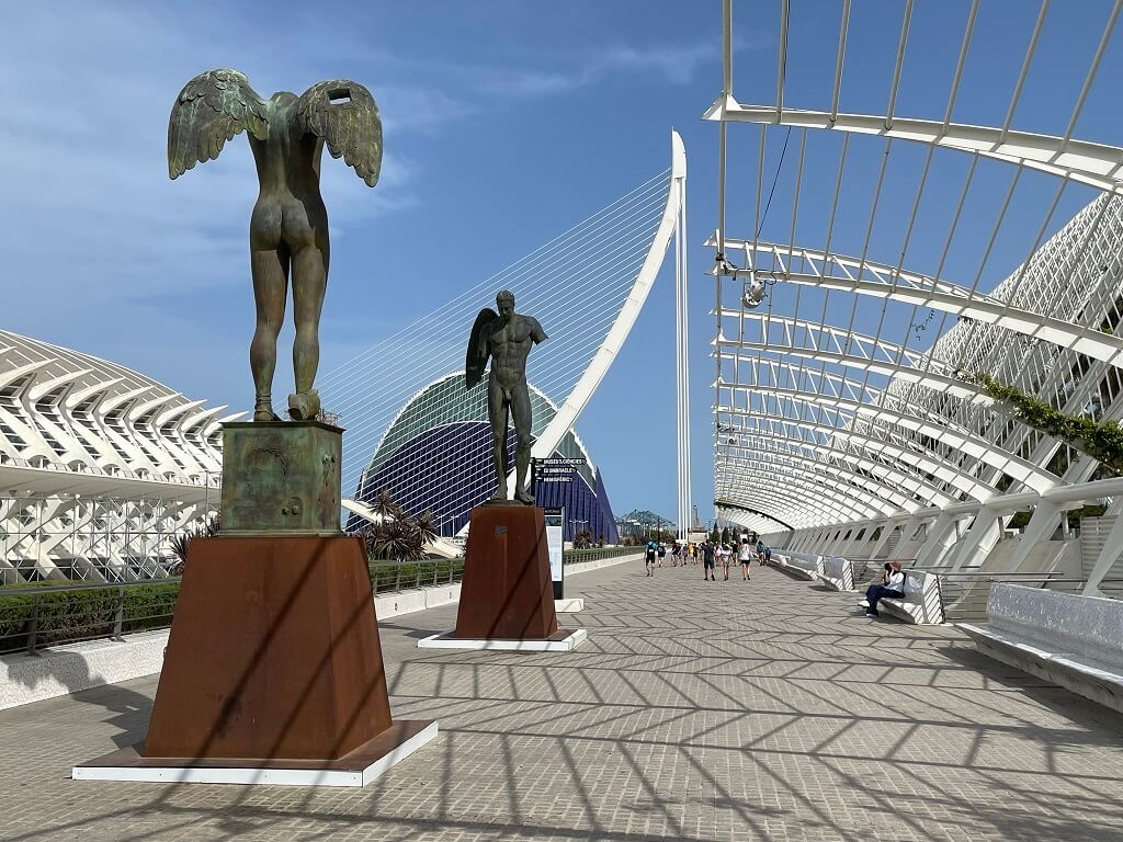 naked statues on bridge in City of Arts and Sciences