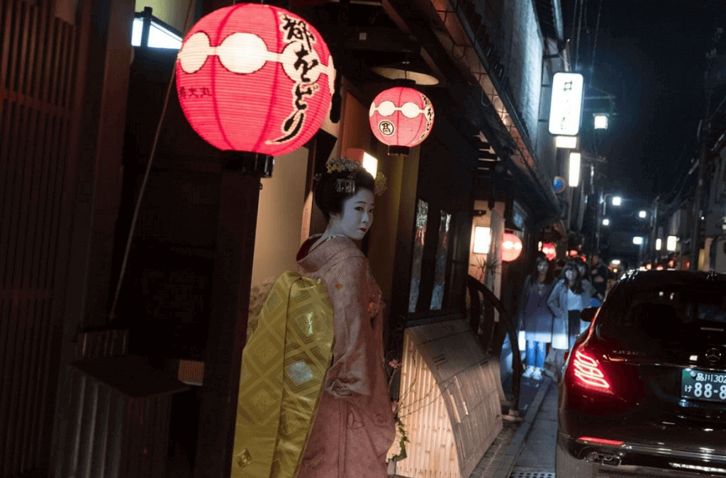 A geisha in Kyoto. Seeing one is difficult but one of the best experiences in Japan.