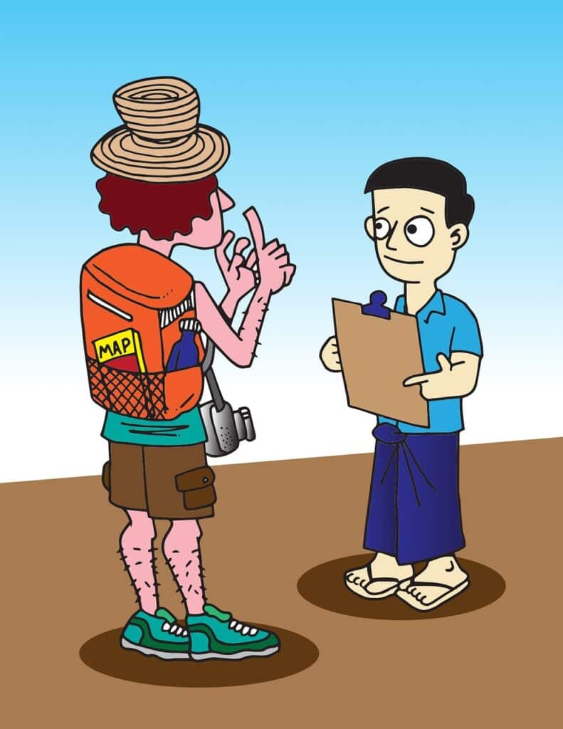 A cartoon of a tourist and a survey taker