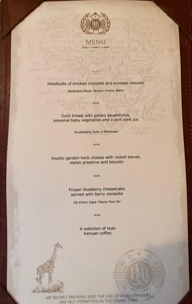 Menu on the Rovos Rail train journey