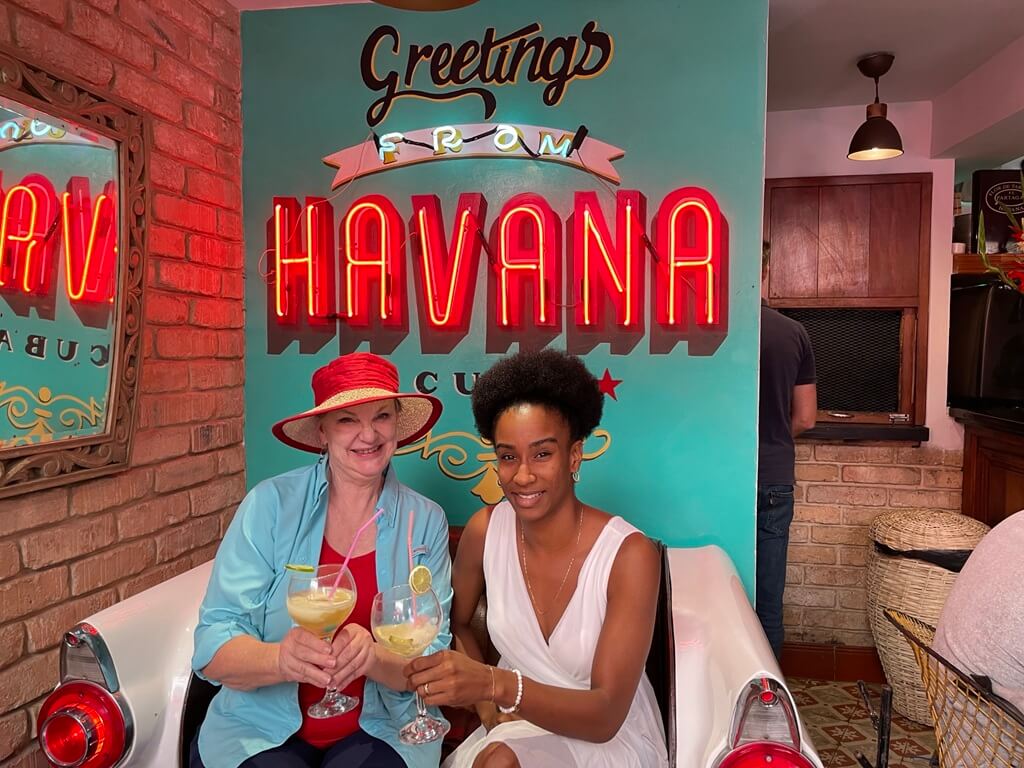 solo woman traveler over 50 meets a friend.